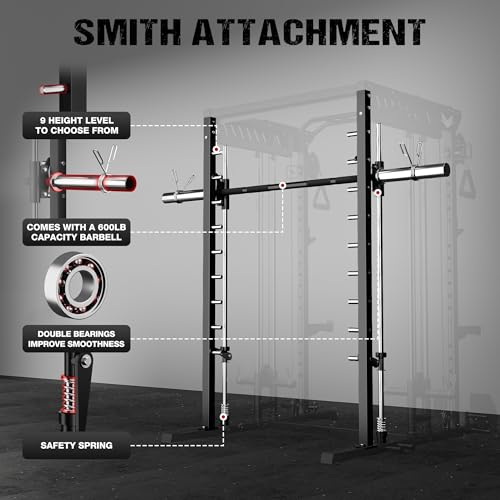 M21 Smith Machine, Multi-Function Power Cage with Dual Pulley Cable Crossover System, 2000LBS All-in-One Squat Rack with Smith Bar and Attachments