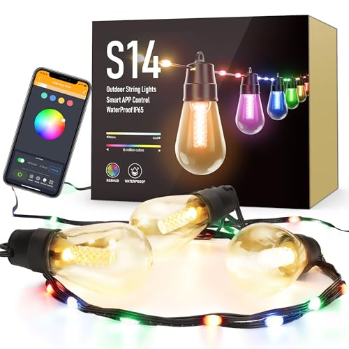 Flacchi Smart String Lights Outdoor with Rope Fairy, 50Ft RGBw Bluetooth APP & Remote Control, Color Changing Dimmable G40 Patio Lights for Balcony, Backyard, Party, Bistro, Holidays