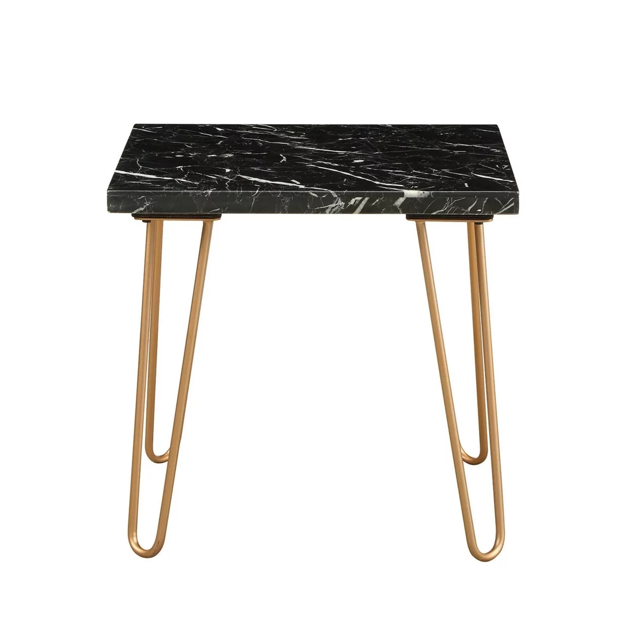 Black Marble Top End Table With Metal Hairpin Style Legs In Gold- Saltoro Sherpi