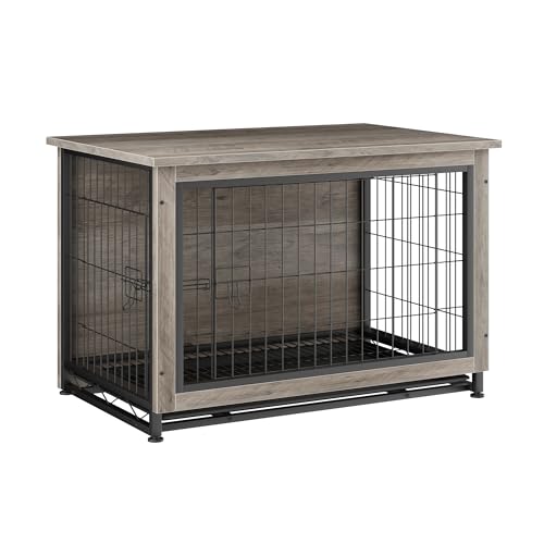JY QAQA Wooden Crate Furniture, Double-Doors Indoor Kennel Table, Dog House, Cage/Grey/M