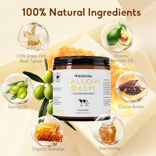 Beef Tallow for Skin, Organic Grass-Fed Beef Tallow Balm with Raw Honey & Jojoba Oil - Whipped Moisturizer for Face & Body - All-Natural Skin Care for Soft, Hydrated Skin (5 OZ, Unscented)