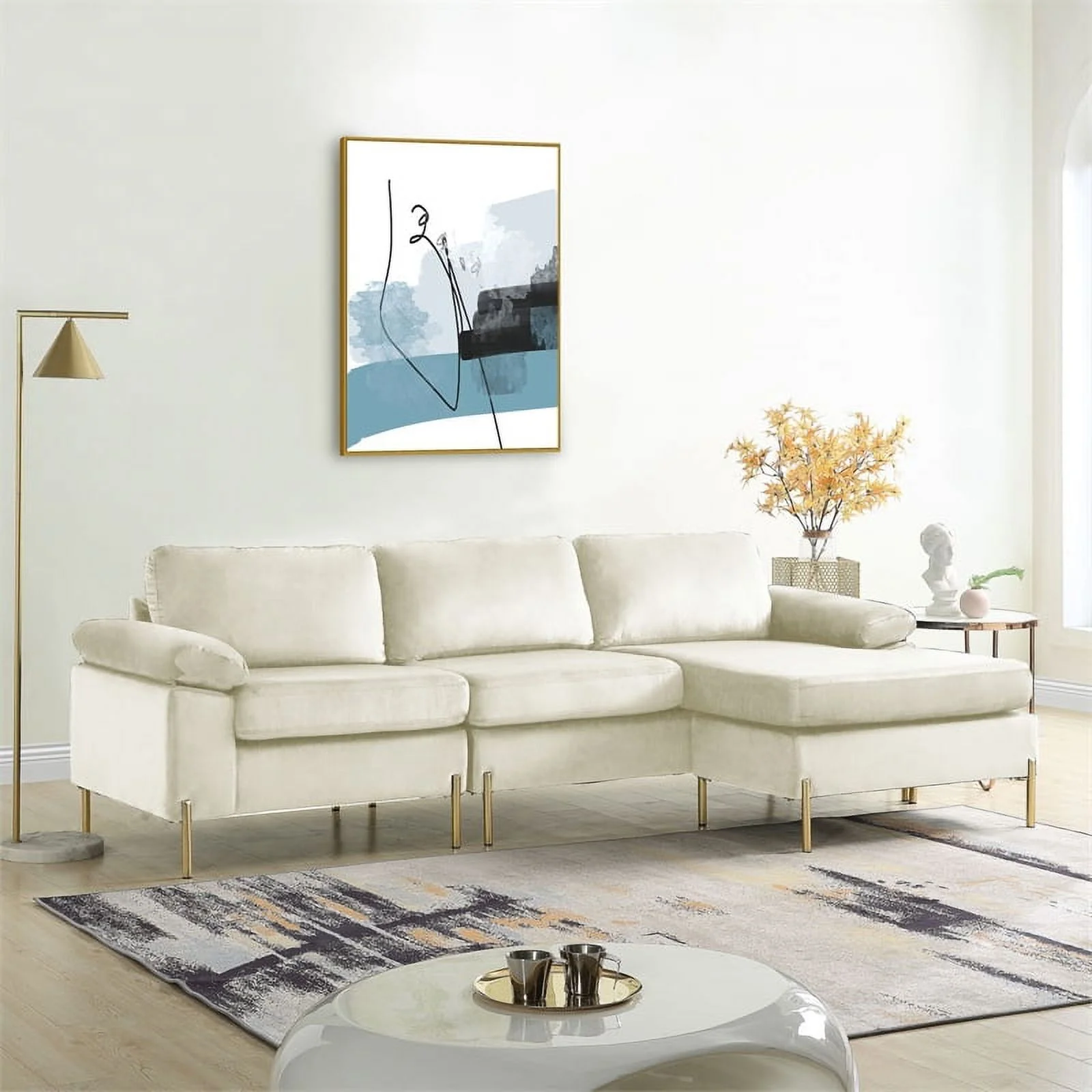 Pemberly Row Modern Velvet Sectional Sofa in Beige/Gold legs