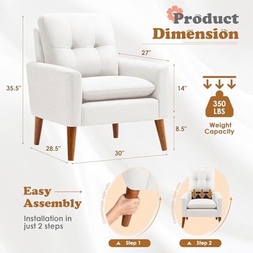 JUMMICO Mid Century Accent Chair, Fabric Modern Reading Living Room Chair, Fluffy Comfy Armchair Small Sofa Chair with Wood Legs for Bedroom Office Cafe (Pearl White, Set of 2)