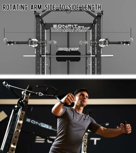 Eonfit E5 Smith Machine with Vertical Leg Press, Power Cage Squat Rack with LAT-Pull Down Cable Crossover Rotating Arms System Home Gym Equipment All in One (E5 RED)