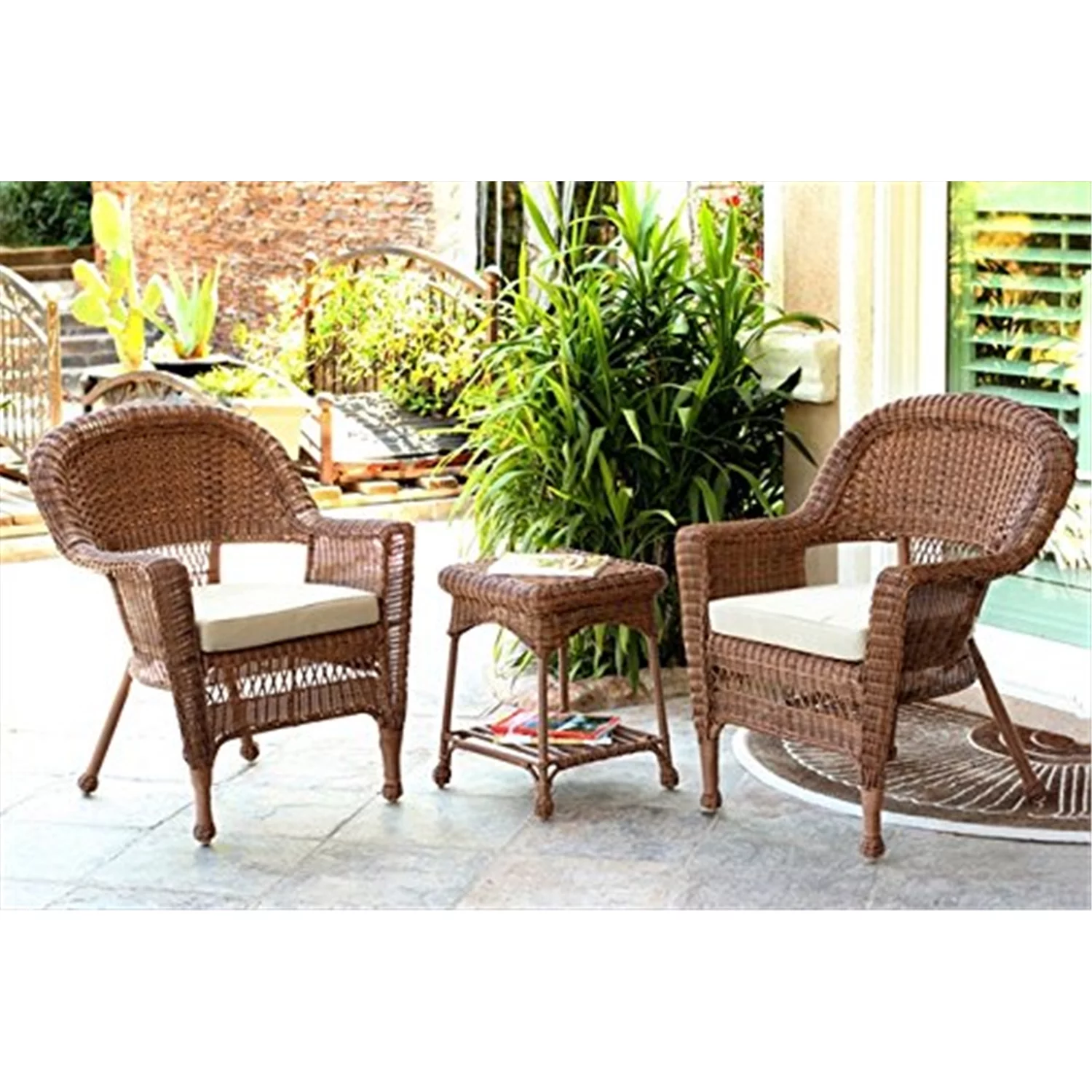 Jeco 3 Piece Resin Wicker Patio Conversation Set in Honey and White