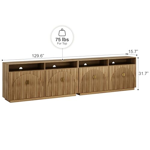 BELLEZE 65 Inch Fluted Buffet Cabinet with Storage, Symmetrical Arc Accent Sideboard Large Console Table for Dining Room, Kitchen, and Living Room (Caramel Brown)