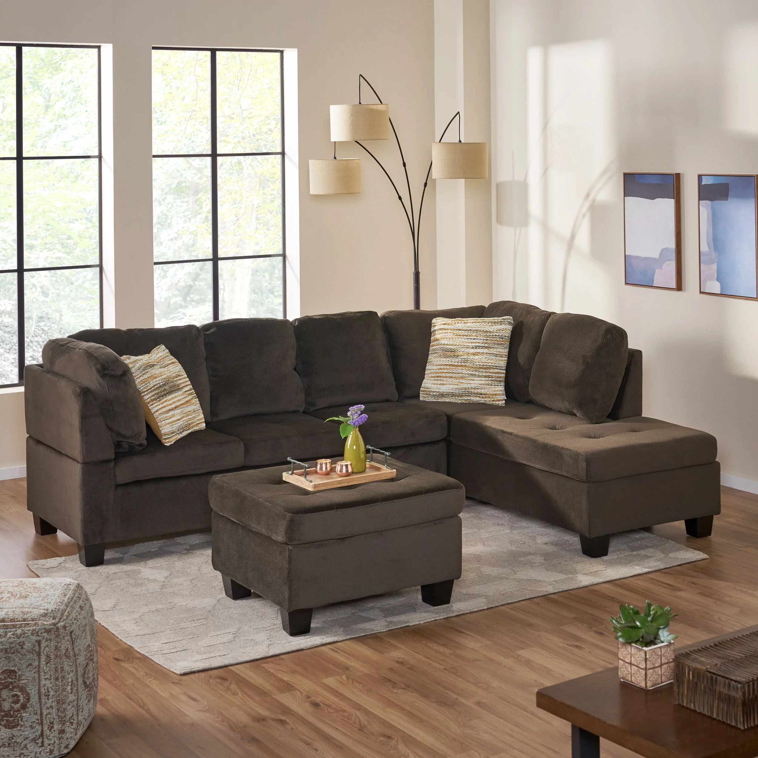 GDF Studio Juliana Contemporary Tufted 4 Seater Chaise Lounge Sectional Sofa with Ottoman, Chocolate Fabric and Dark Brown