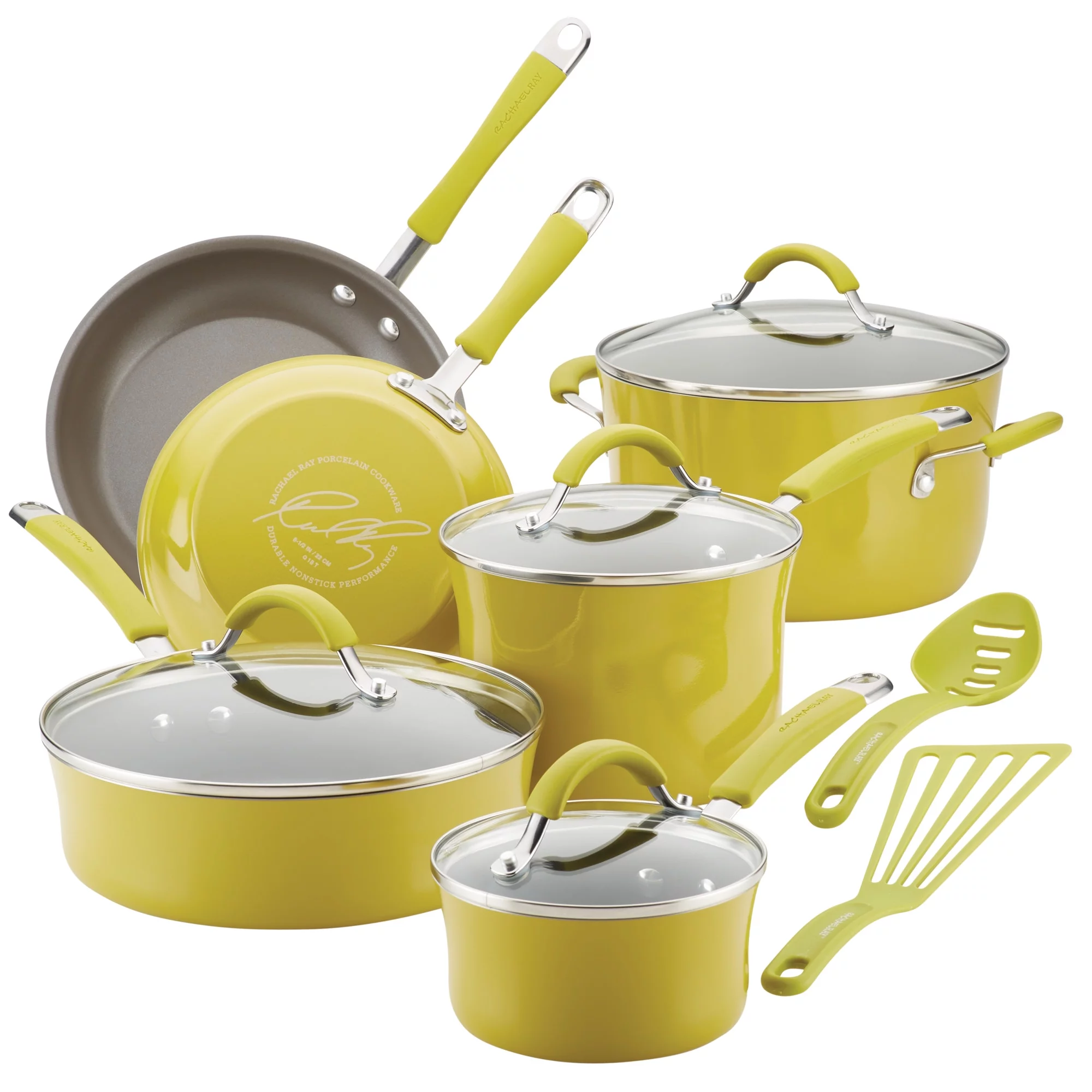 Rachael Ray 12 Piece Cucina Hard Porcelain Enamel Nonstick Pots and Pans, Lemongrass Green