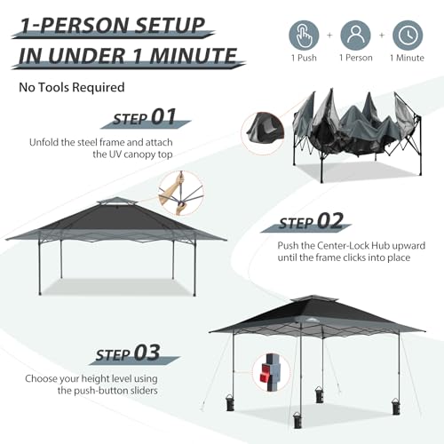 EAGLE PEAK 13x13 Straight Leg Pop Up Canopy Tent Instant Outdoor Canopy Easy Single Person Set up Folding Shelter w/Auto Extending Eaves 169 Square Feet of Shade (Gray)