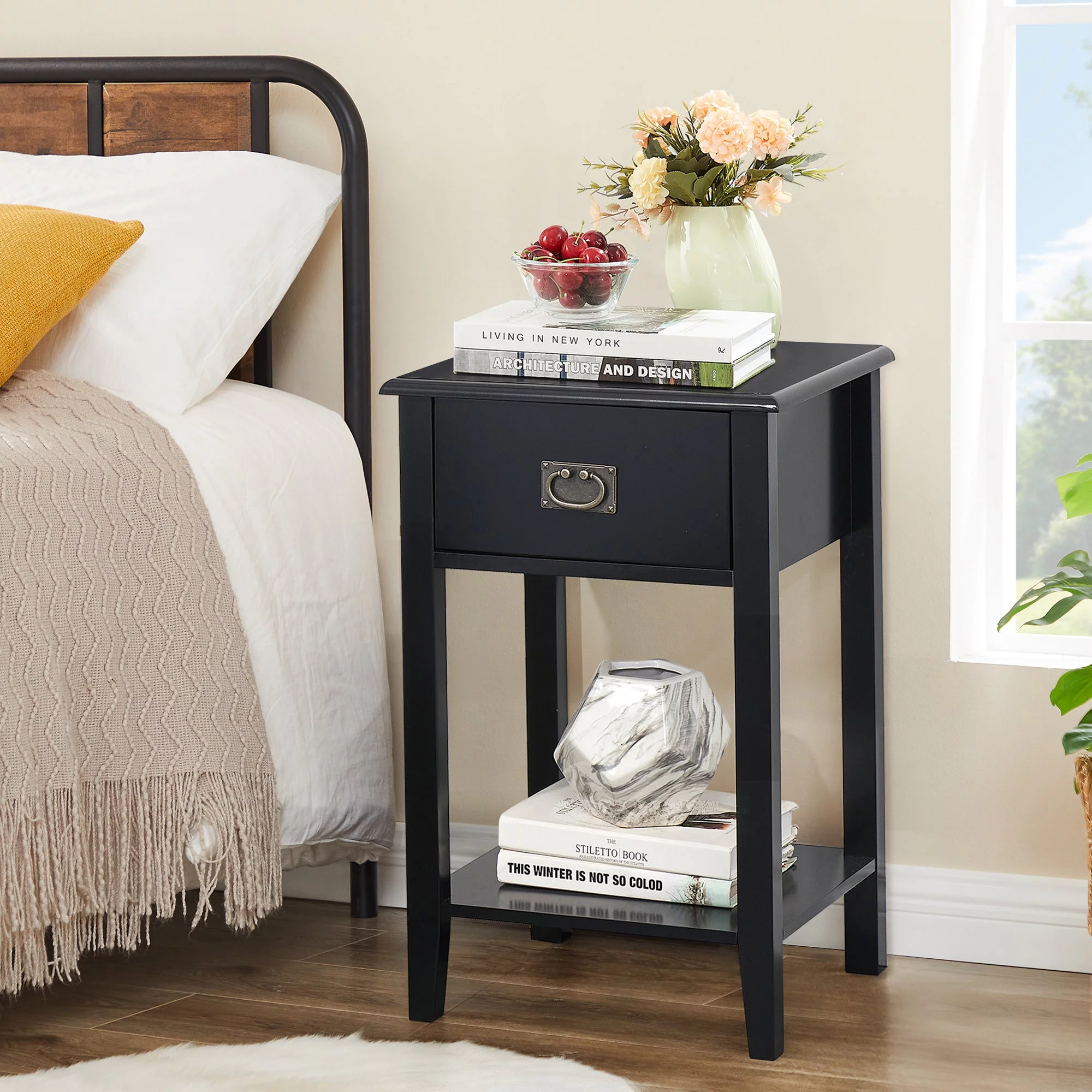 VECELO 1-Drawer Nightstand with Storage Shelf, Modern End Side Table for Living Room Bedroom, Black