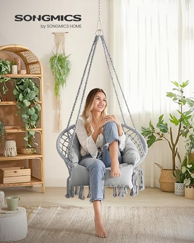 SONGMICS Hanging Chair, Hammock Chair with Large, Thick Cushion, Boho Swing Chair for Bedroom, Patio, Balcony, Garden, Holds up to 264 lb, Accessories Included, Cream White UGDC042M01