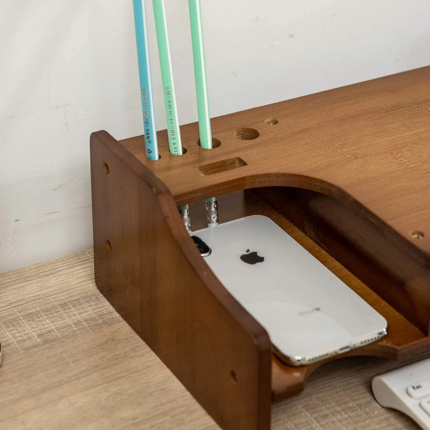 Maydear Monitor Stand Riser, 2 Tier Bamboo Computer Stand for Desk with 4 Drawers, Desktop Printer Stand, Versatile as Storage Shelf & Screen Holder