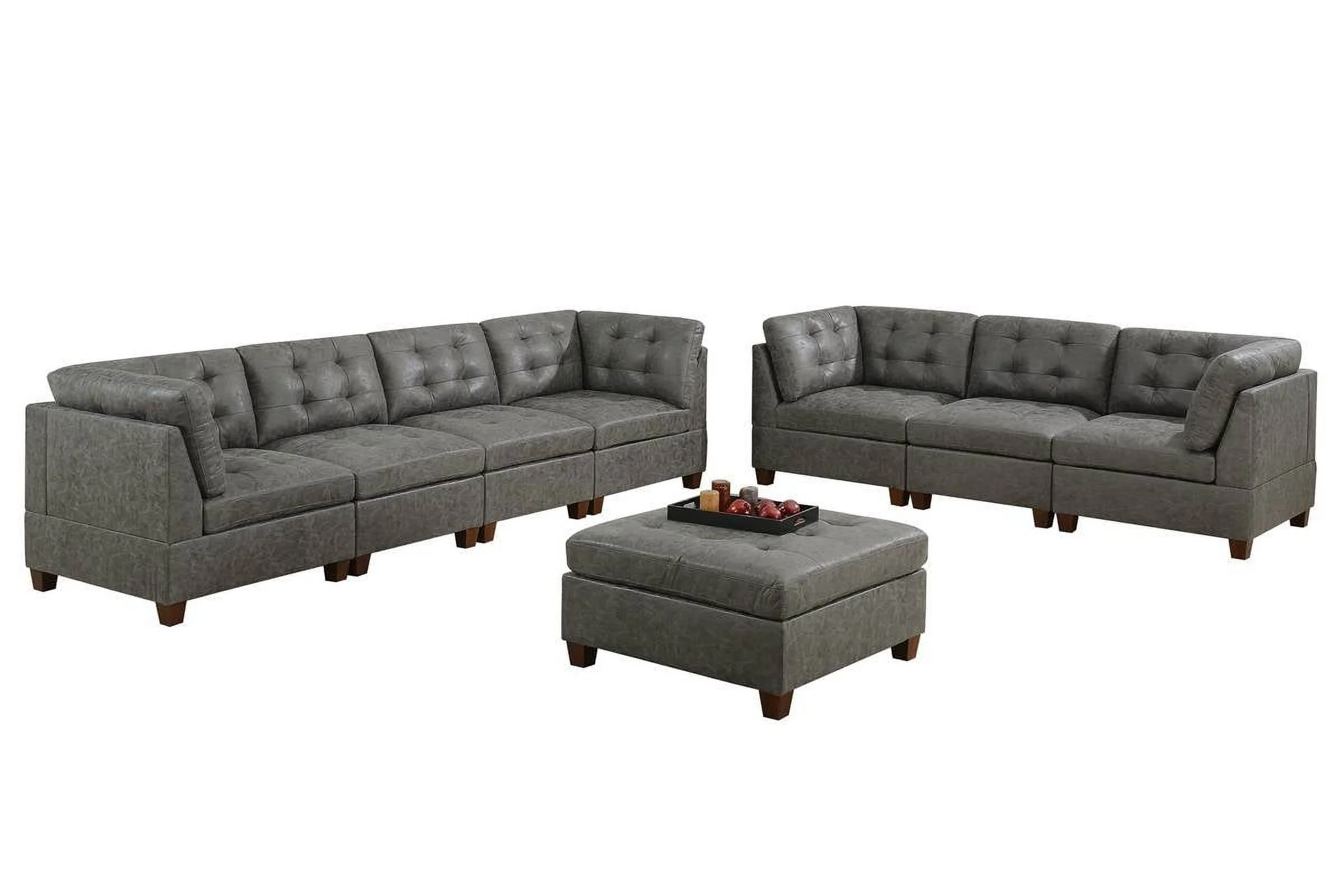 CoSoTower Living Room Furniture Antique Grey Modular Sofa Set 8Pc Set Breathable Leatherette Tufted Couch 4X Corner Wedge 3X Armless Chairs and 1X Ottoman