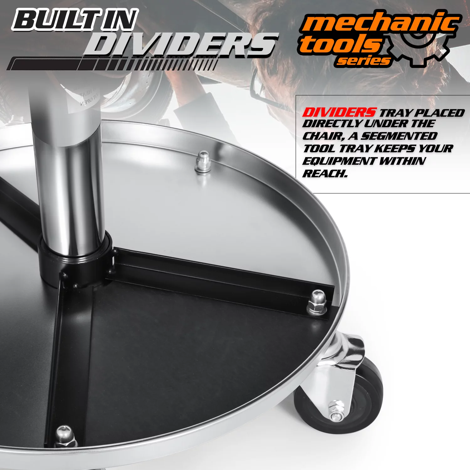 M-AUTO Heavy-Duty Adjustable Mechanic's Roller Seat Rolling Stool with Wheels & Tool Tray, 300 lbs Capacity - Black