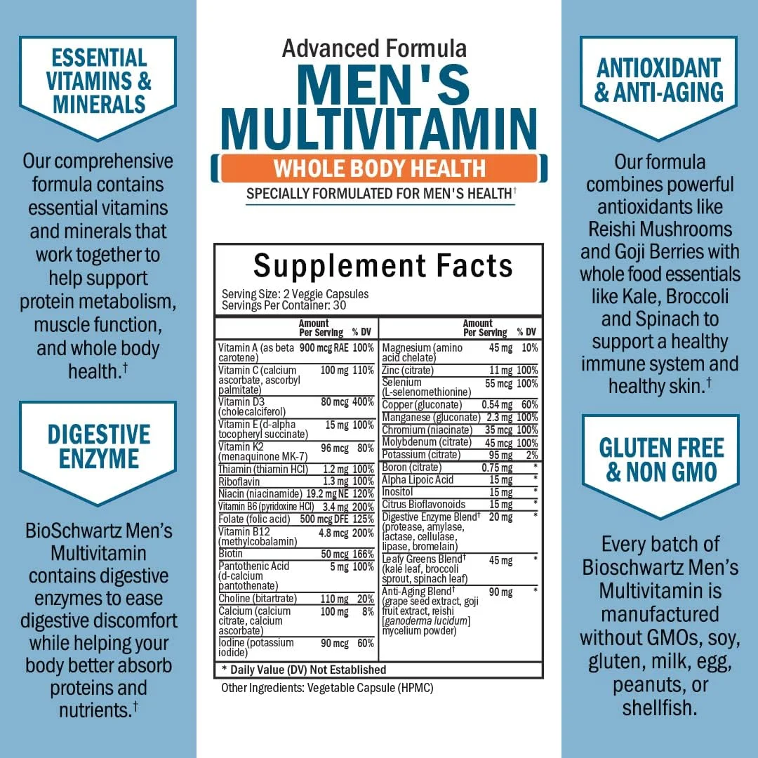Men's Multivitamin with Vitamin C A B D3 E Zinc for Immune Support - Once Daily Supplement for Energy & Heart - Antioxidants & Digestive Enzymes for Absorption - Mental Clarity & Focus Support -60 Ct