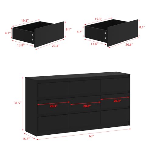 Hitow 9 Drawer Dresser for Bedroom with Deep Drawers, Large Floor Wood Dressers & Chest of Drawers Handle Free, Modern Black Long Dressers for Closet Living Room, Euro Slide (63