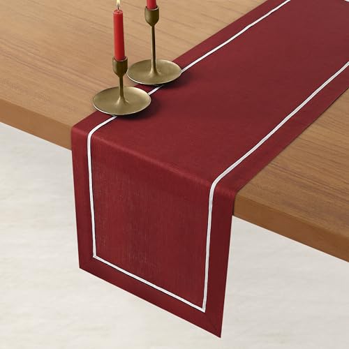 D'Moksha Homes Red Table Runner with White Trim 14 x 120 Inch - 100% Pure Linen Table Runner 120 inches Long - Dresser Scarf for Dining, Fall and Halloween, Easy Care Machine Washable