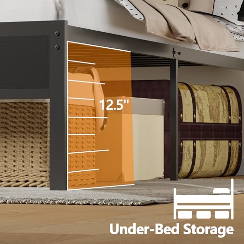 Furnulem Full Size Bed Frame with LED Light and Charging Station, Wood Storage Headboard with 2-Tier Shelves, Metal Platform Bed with Heavy Duty Slats Support, No Box Spring Needed, Black Oak