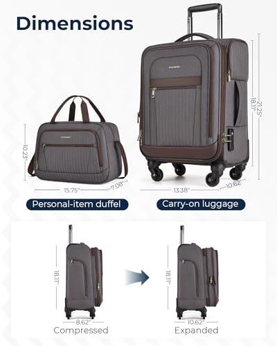 BAGSMART Carry-On Luggage Airline Approved, 20 inch Expandable Suitcase with Duffel bag, Softside Lightweight Suitcases with Spinner Wheels, Durable Travel Luggage, Carry-On Gray