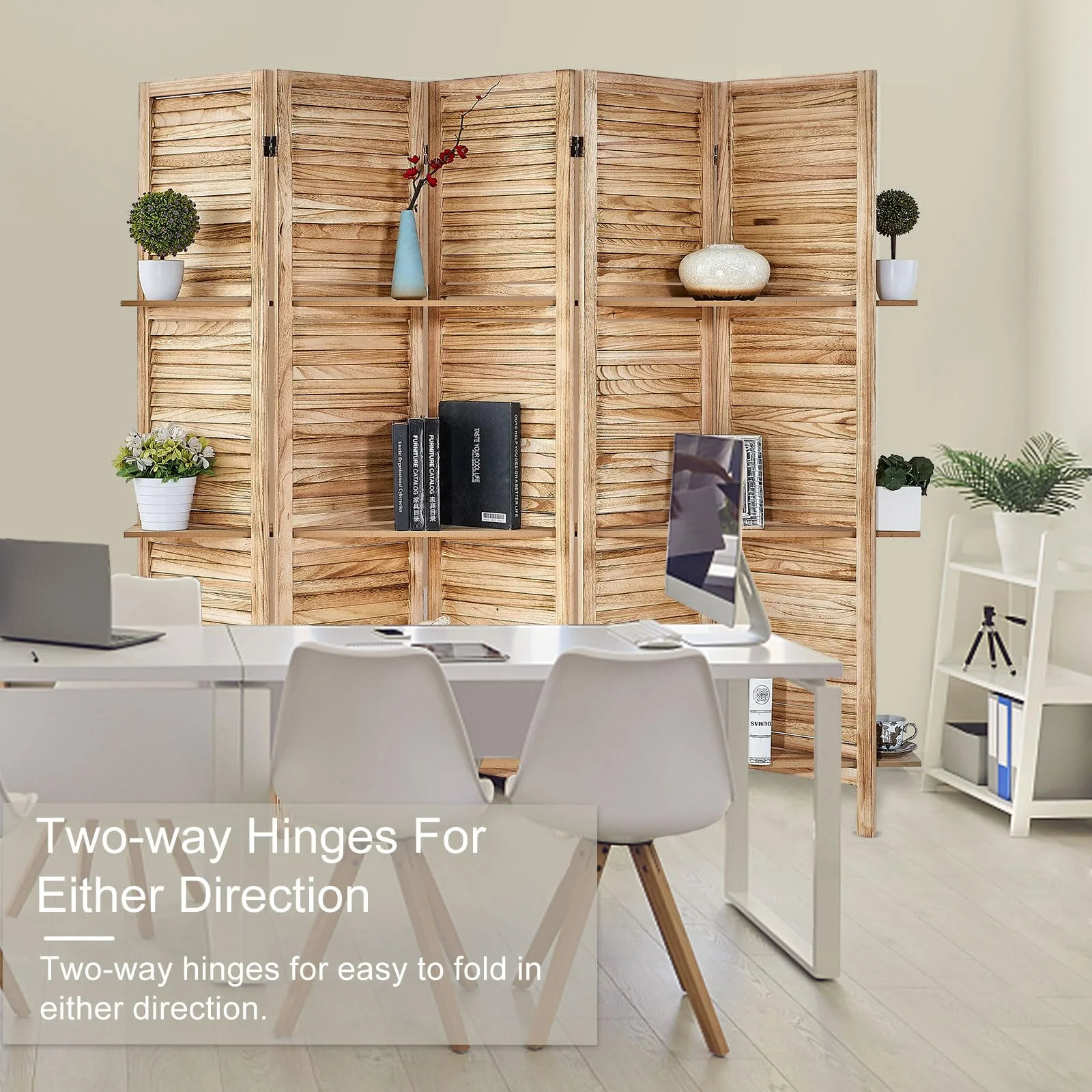 5 Panel 5.6 Ft Tall Partition Wood Room Divider, Wood Folding Room Divider Screens, Panel Divider&Room Dividers, Room Dividers and Folding Privacy Screens with Shelves(5 Panel,Natural)