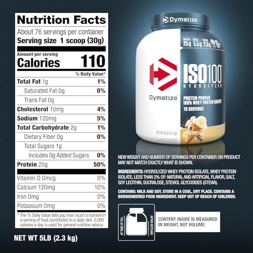 Dymatize ISO100 Whey Protein Powder Isolate, Cookies & Cream, 25g of Protein, 20 Servings, 5.5g BCAAs, Less Than 120 Cal., Gluten Free, 1g Fat, 1g Sugar, 2g Carb