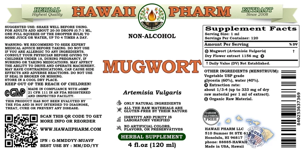 Mugwort (Artemisia Vulgaris) Dry Herb ALCOHOL-FREE Liquid Extract Glycerite. Expertly Extracted by Trusted HawaiiPharm Brand. Absolutely Natural. Proudly made in USA. Glycerite 4 Fl.Oz