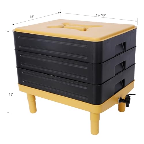 3 Tray Worm Composter, 3-Tray Worm Farm Kit, Indoor & Outdoor Worm Composter, 65L Worm Composter for Vermicomposting Starter, Worm Compost Bin for Recycling Food Waste, Yellow and Black