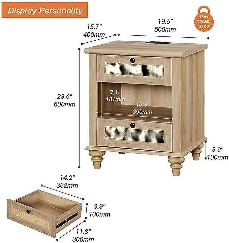 Rattan Nightstand End Table with Charging Station  Farmhouse Small Side Table for Living Room with 2 Drawers  Natural Wood Night Stand Bedside Table for Bedroom  Oak