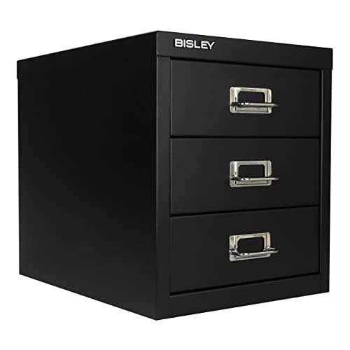 Bisley 10-Drawer Steel MultiDrawer Cabinet - Black, Chrome Pull Handles with Label Holders, Powder-Coated Steel, Removable Drawers, Fits Under Most Desks, Labels Included