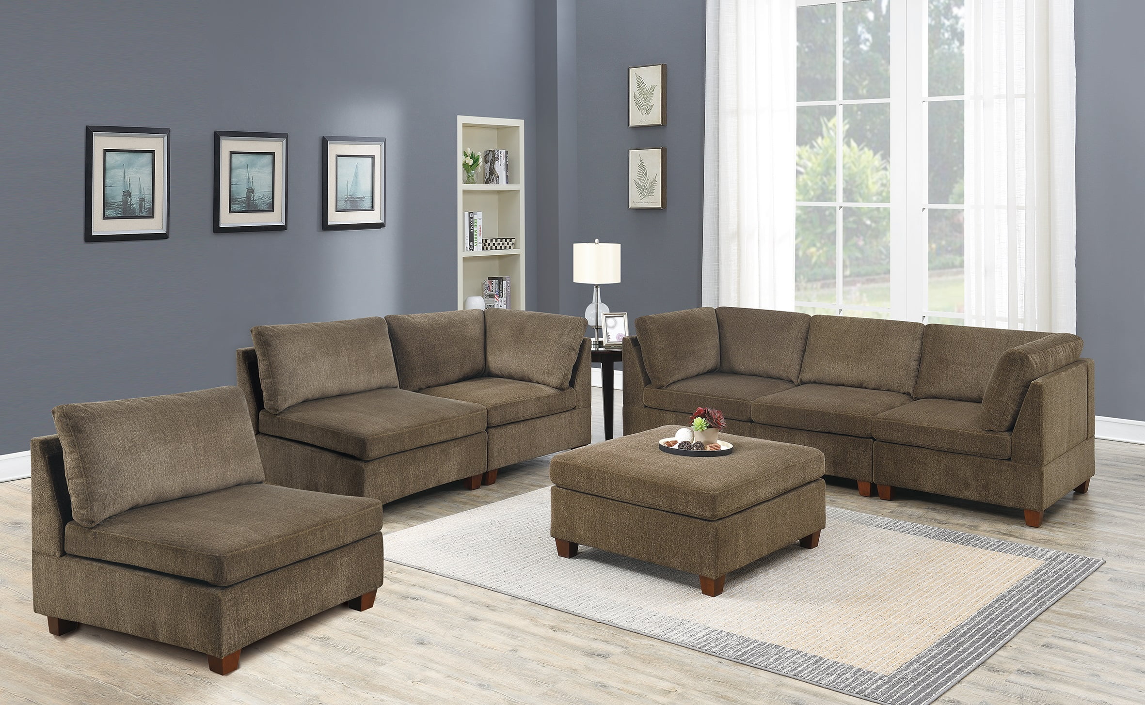 CoSoTower Living Room Furniture Tan Chenille Modular Sectional 7Pc Set Modular Sofa Set Couch 3X Corner Wedge 3X Armless Chairs and 1X Ottoman Plywood