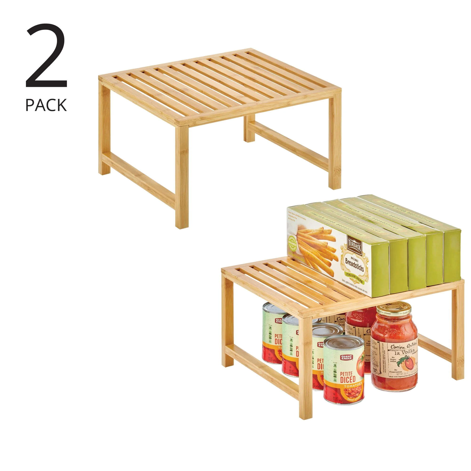 mDesign Wooden Stackable Shelf - Kitchen Food Organizer - 2 Pack, Natural Bamboo