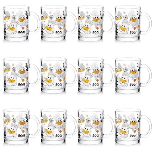 Vesici 12 Pcs Halloween Ghost Glass Mugs Gift Bulk 12 oz Cute Spooky Coffee Mugs with Handle Halloween Clear Ghost Drinking Cups Gift for Birthday Office Holiday Kitchen Party Drinkware Accessories