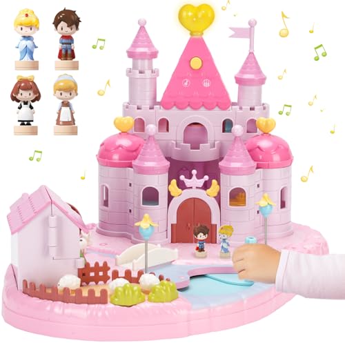 Dream Princess Castle Playset with 4 Magnetic Control Movable Toys, Magnetic Doll House Building Toys with Light & Music for Pretend Play, Gift for Girls Toy Kids Ages 6+（Pink）