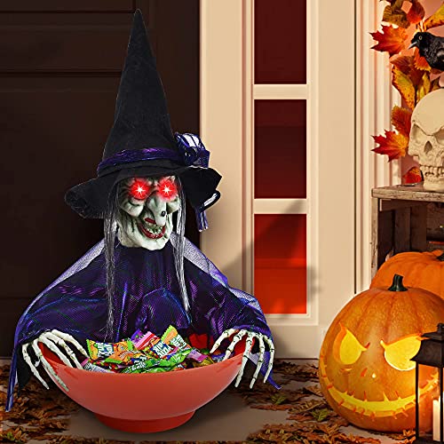 JOYIN Halloween Candy Bowl Dish Witch Decorations Indoor, Haunted House Home Decor Animatronics Animated LED Lights Eyes, Creepy Scary Sound Activated Trick Or Treat