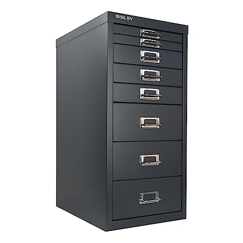 Bisley 10-Drawer Steel MultiDrawer Cabinet - Black, Chrome Pull Handles with Label Holders, Powder-Coated Steel, Removable Drawers, Fits Under Most Desks, Labels Included