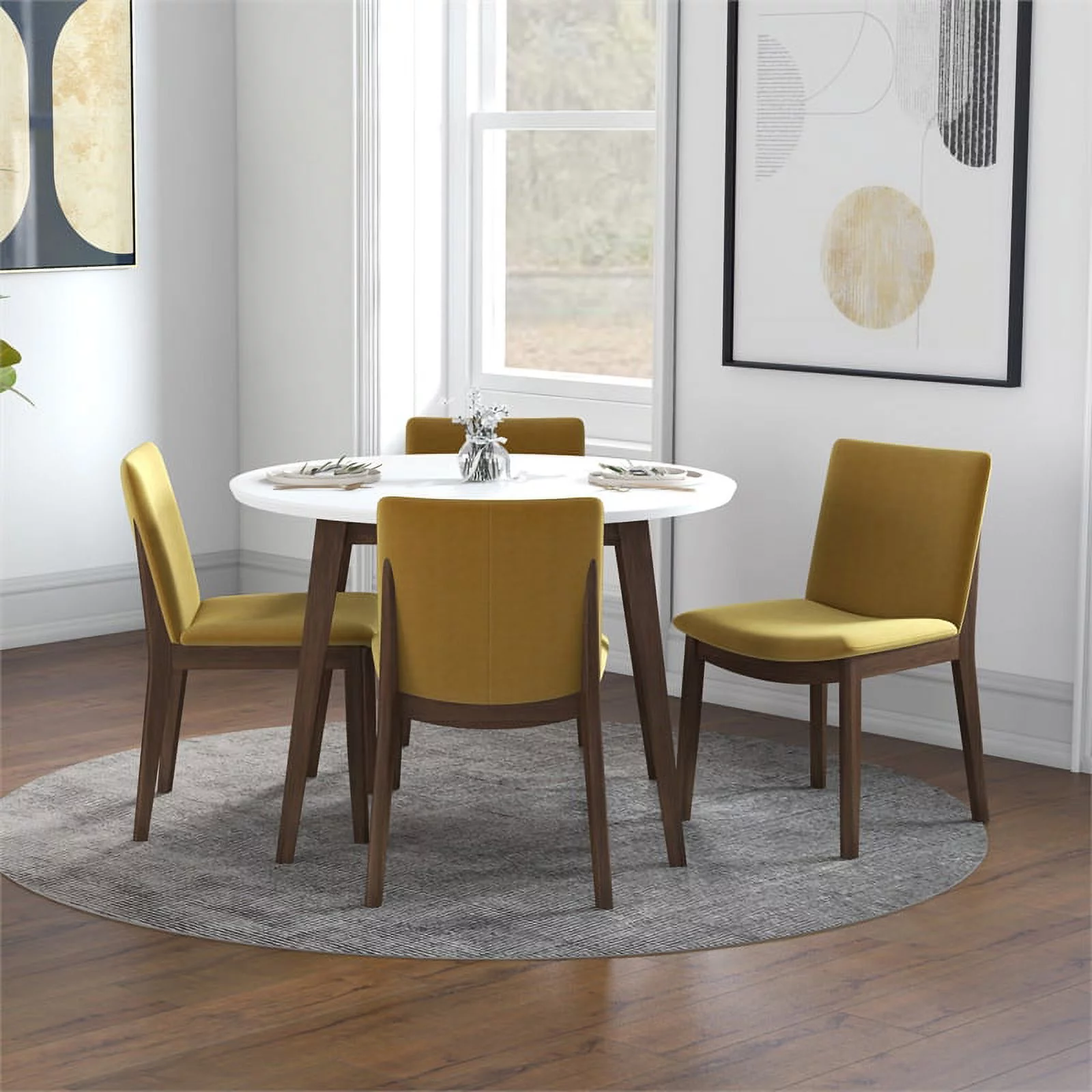 Pala Modern Solid Wood White Top Round Dining Room&Kitchen Table and 4 Chair Set
