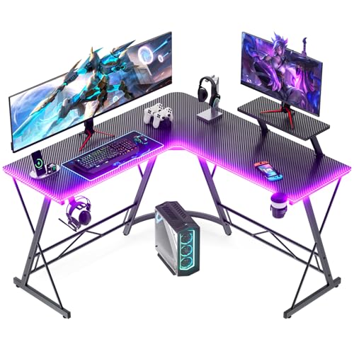 Mr IRONSTONE Gaming Desk with LED Lights, L Shaped Desk Corner with Cup Holder & Headphone Hook, Computer Desk Home Office Desks with Large Monitor Stand, Carbon Fiber Surface, Black 51 Inch