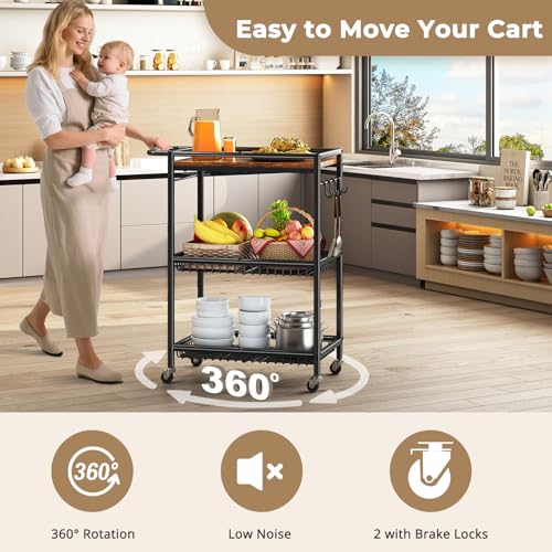 Microwave Kitchen Cart with Push Handle, 3 Tire Rolling Cart with 210Lbs Capacity, Vintage Kitchen Storage Cart with 2 Lockable Wheels for Kitchen Island, Restaurant, Living Room, Office, Balcony