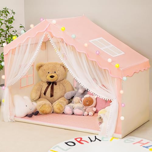 Kids Play Tent with Mat - Kids Tent Indoor with Star Lights and Flags, Toddler Tent for Kids Ages 3-8, Toddler Playhouse for Girls Boys, 57