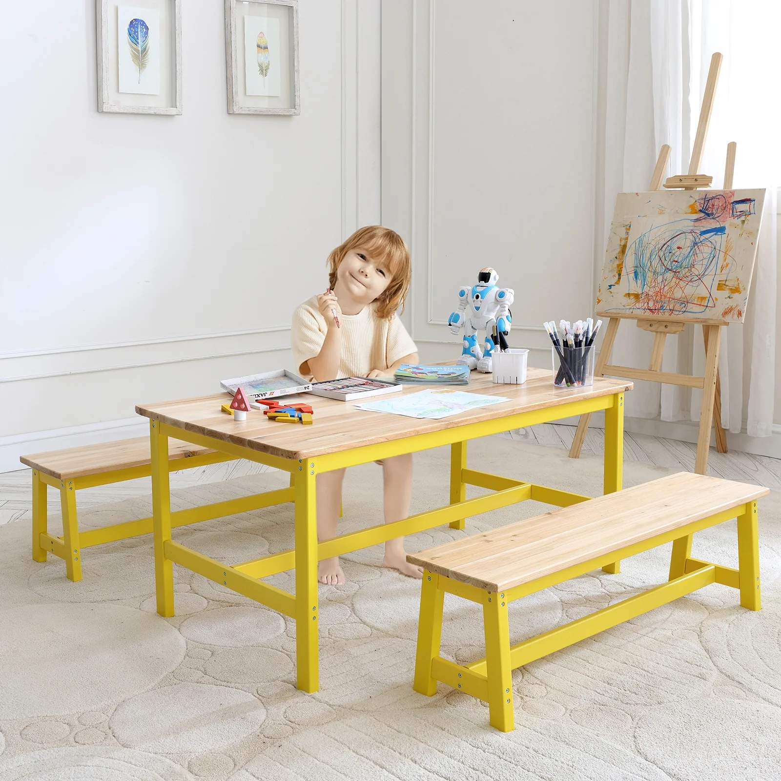 SKYSHALO Kids Table and Bench Set Toddler Table and Chair Set of 3 for Arts Crafts