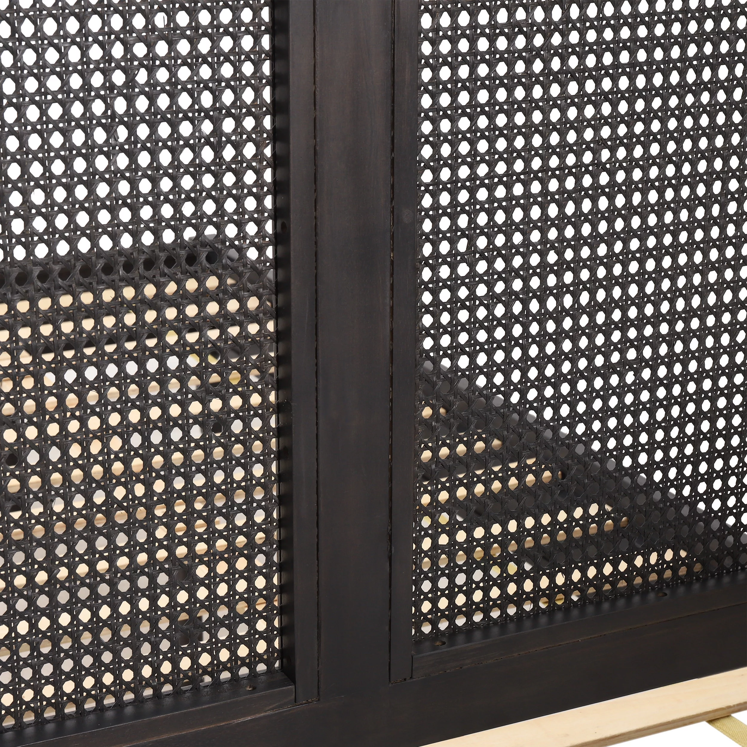 Noble House Pelon Acacia Wood and Rattan Queen Bed, Dark Gray