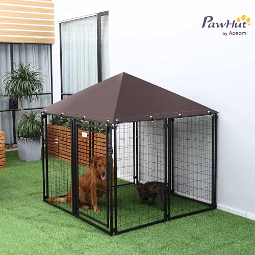 PawHut 4.6' x 4.6' x 5' Dog Kennel Outside, Welded Wire Outdoor Dog Kennel Run with Waterproof & UV Resistant Cover, for S&M Breeds, Chickens, Ducks, Black