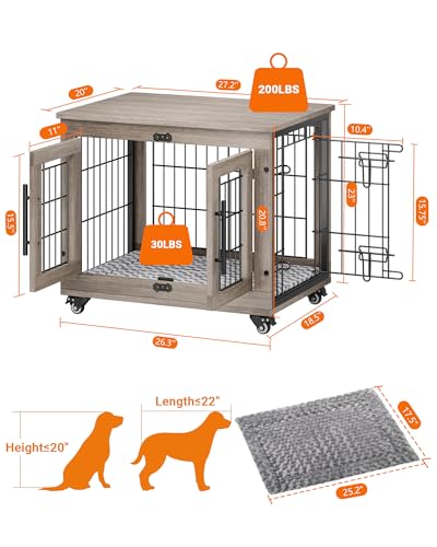 Dog Crate Furniture with Cushion, Wooden Dog Kennel Indoor with Double Doors, Dog Cage with Wheels, Dog House Side End Table for Small Medium Dogs up to 45 lb, 32.5” L, Rustic Brown