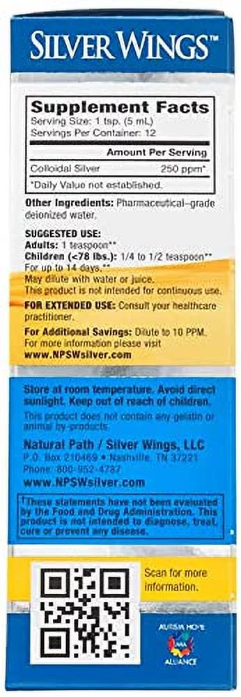 Natural Path Silver Wings Colloidal Silver Bottle 250PPM 8Oz +Dropper 250PPM 2Oz