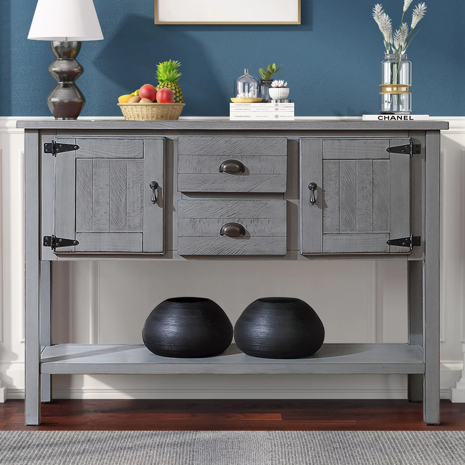 Vintage and Elegant Wooden Console Table with A Bottom Shelf, 2 Cabinets and 2 Drawers for Dining Room, Living Room, Kitchen, Antique Gray