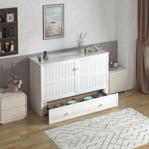 PUREMIND Queen Murphy Bed with Storage Drawers, Murphy Cabinet Bed with Mattress Included, Hideaway Chest Beds with Built-in Charging Station, Space-Saving Wall Beds for Bedroom