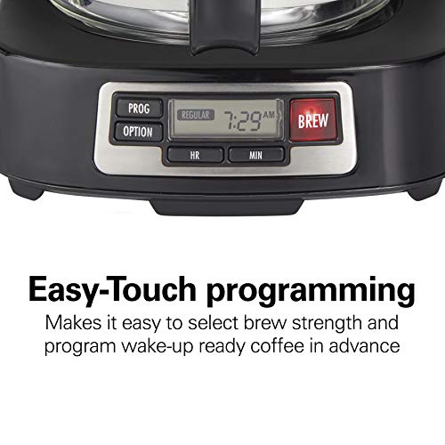 Hamilton Beach 5 Cup Drip Coffee Maker with Easy FrontFill Basket, Compact Design, Programmable Clock, Glass Carafe, Auto Pause and Pour, Black & Stainless Steel (46111)