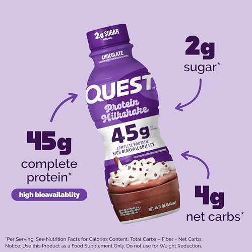 Quest Nutrition Chocolate Protein Shake, 45g Protein, 2g Sugar, 4g Net Carbs, Ready to Drink, Gluten Free, 12 Count