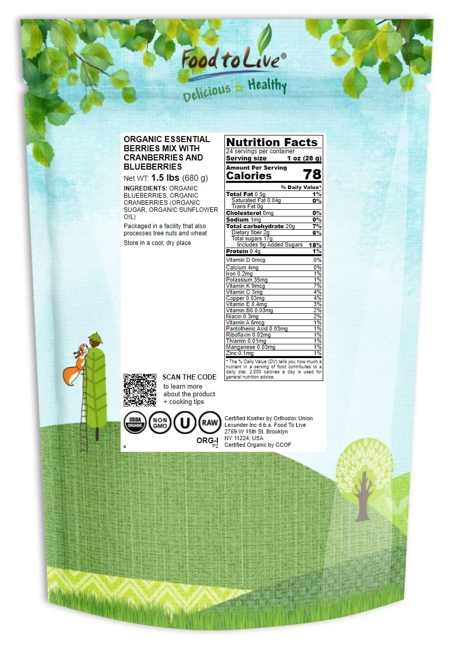 Organic Essential Berries Mix, 1.5 Pounds ? A Blend of Non-GMO Dried Blueberries and Cranberries. Unsulfured, Kosher, Bulk. Gently Infused with Organic Sugar. Lightly Coated with Organic Sunflower Oil