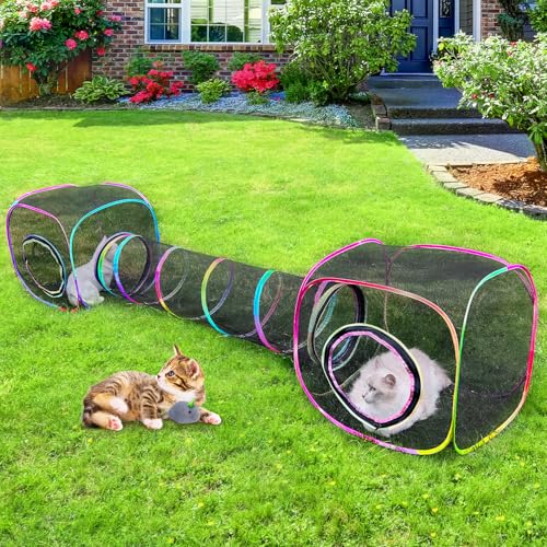 Outdoor Cat Enclosures Portable Cats Tunnel with Carry Bag Breathable Kitty Tent Outdoor with 2 Mouse Toys Outside Cat Enclosure for Indoor Cats (2 Cubes + Run Tunnel)